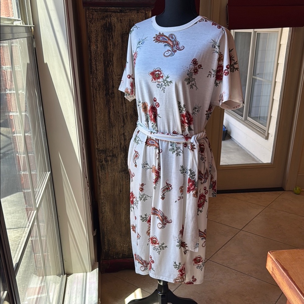 LuLaRoe Marley Floral Print White Midi Dress with removable Belt and pockets.
